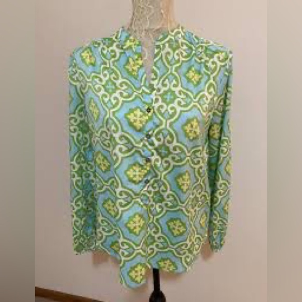 Buckhead Betties aqua patterned long sleeve blouse